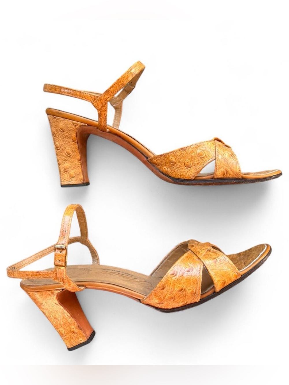 Vintage Amano Women’s Textured Leather Mid-Heel Strappy Sandals 9.5 Summer Shoes